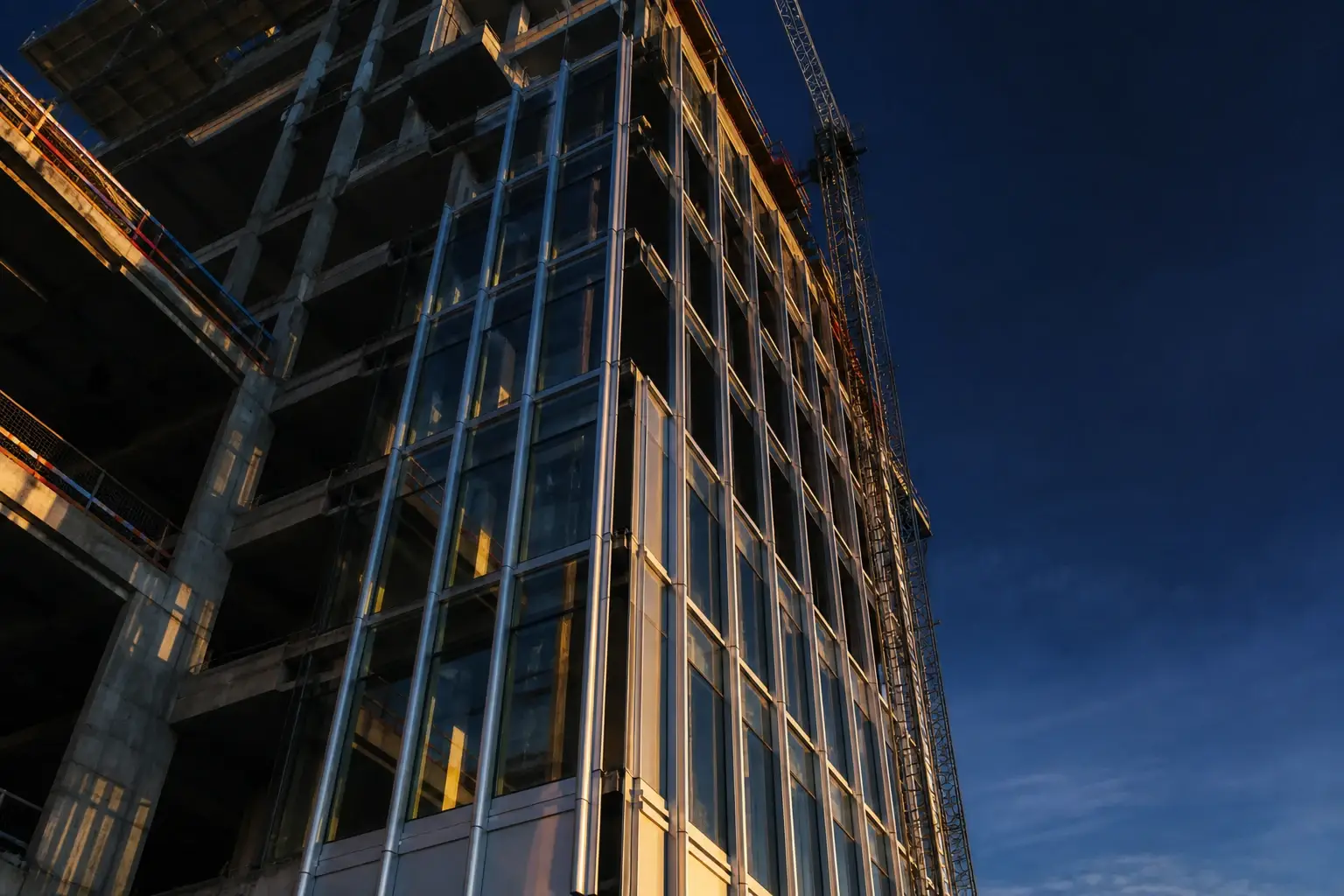 High-rise building facade with aluminium and glass curtain wall under installation