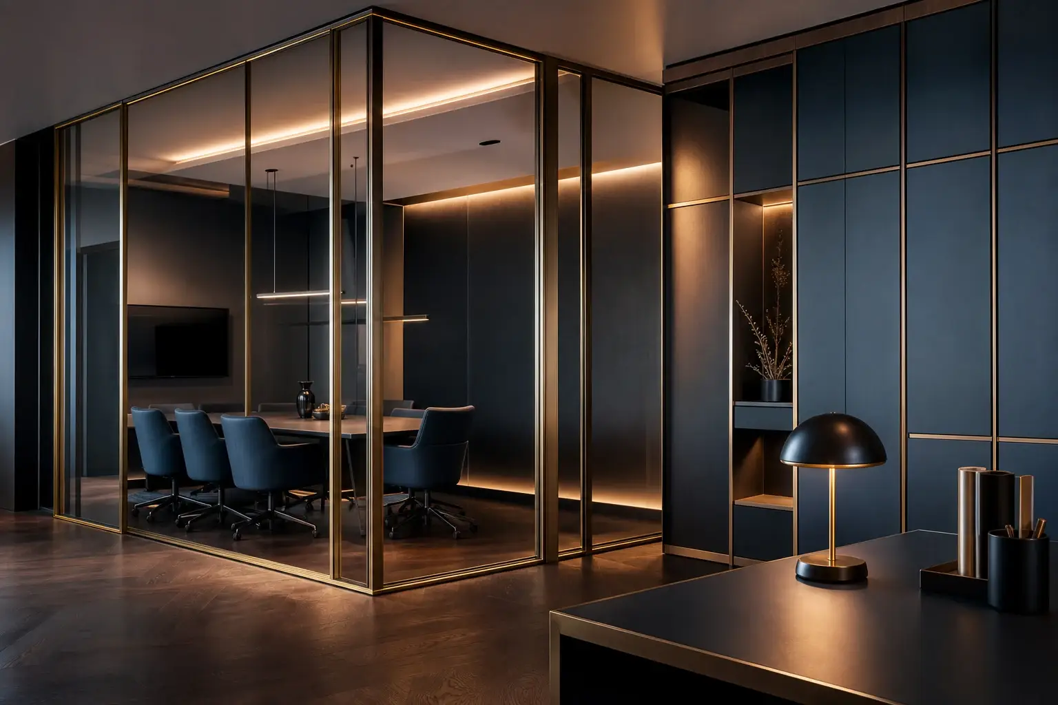 Modern office interior with slim aluminium-framed glass partitions and metal trim