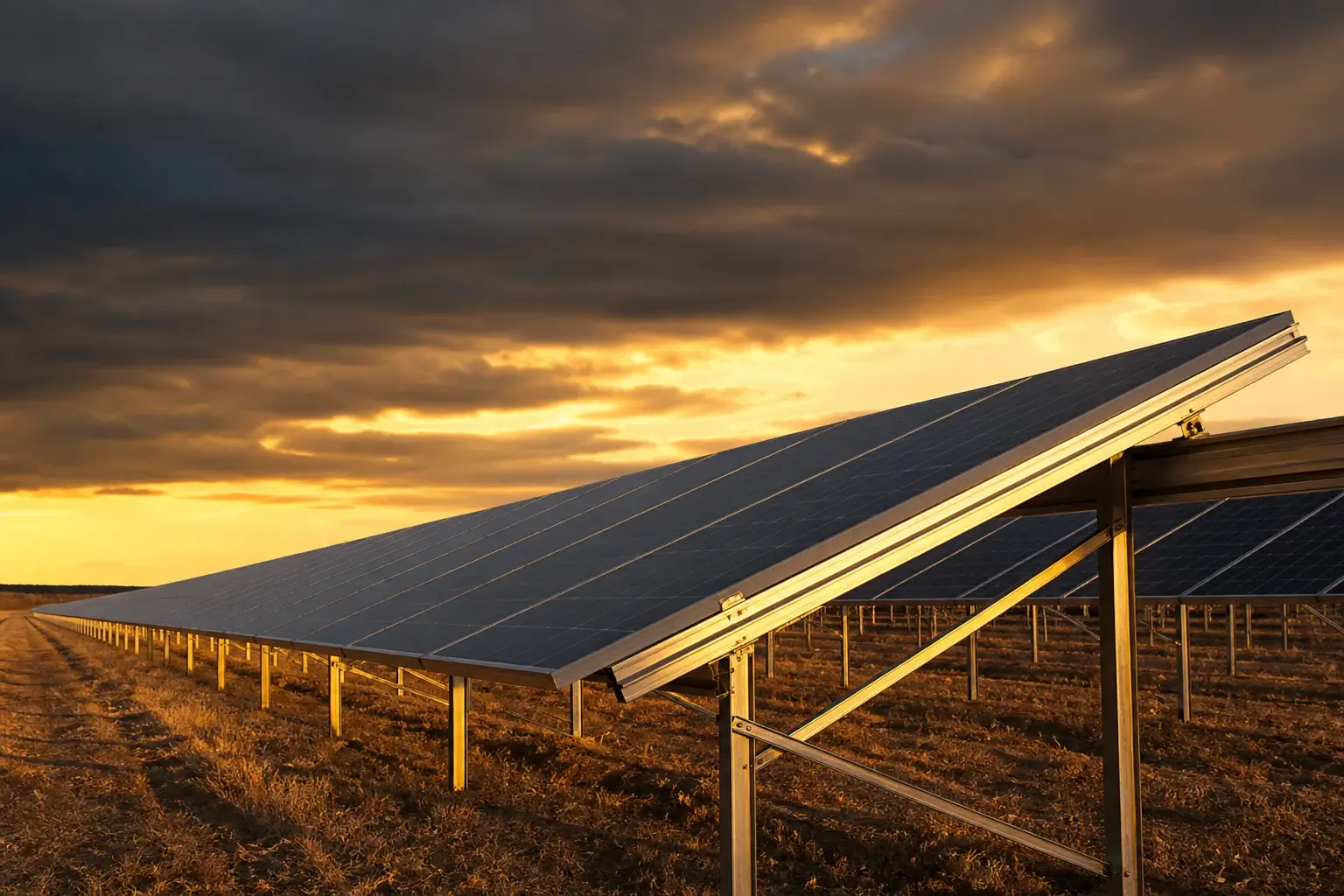 Rows of solar panels mounted on aluminium rail structures at golden hour