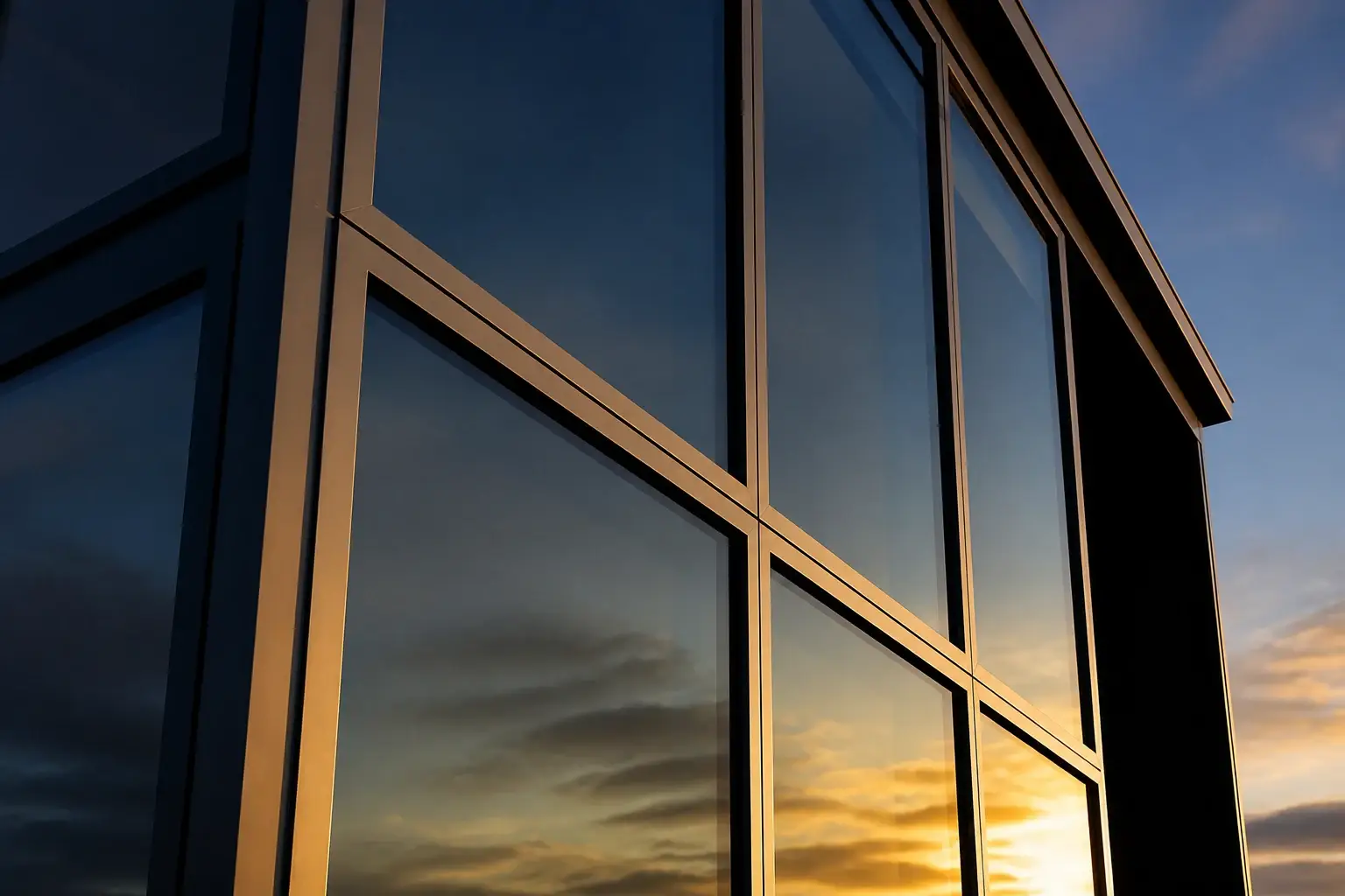 Glass curtain wall facade with slim anodized aluminium framing profiles at dusk