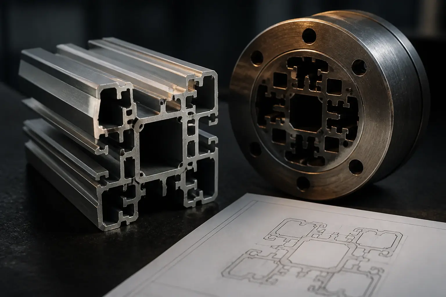Complex multi-chamber custom aluminium profile beside an extrusion die and drawing