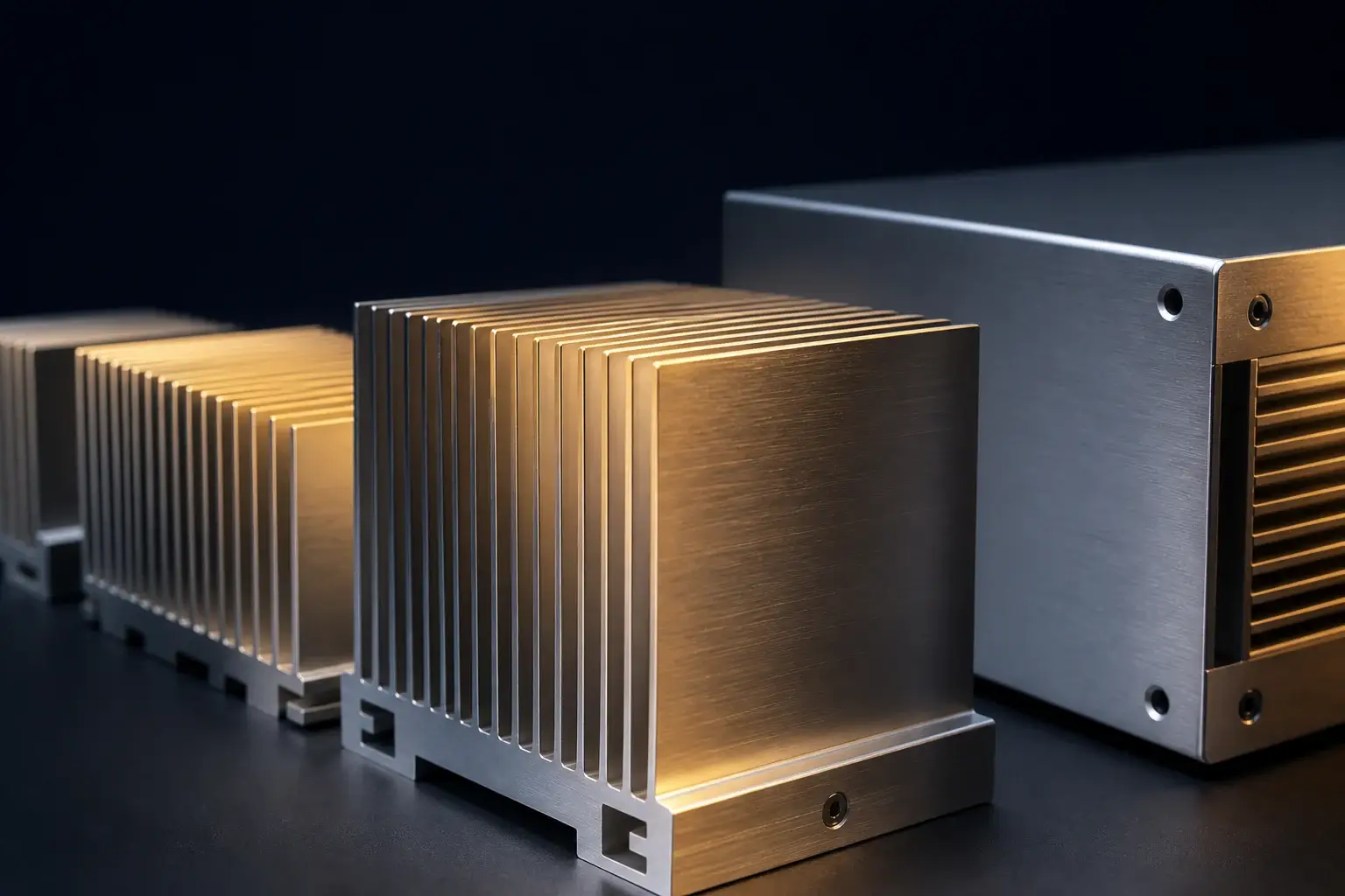 Extruded aluminium heat sinks with dense cooling fins beside a brushed aluminium enclosure