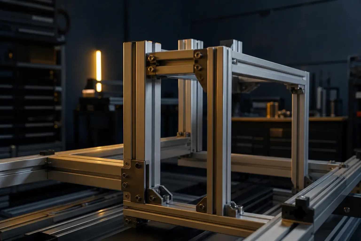 T-slot aluminium framing profiles assembled into a machine frame with corner brackets