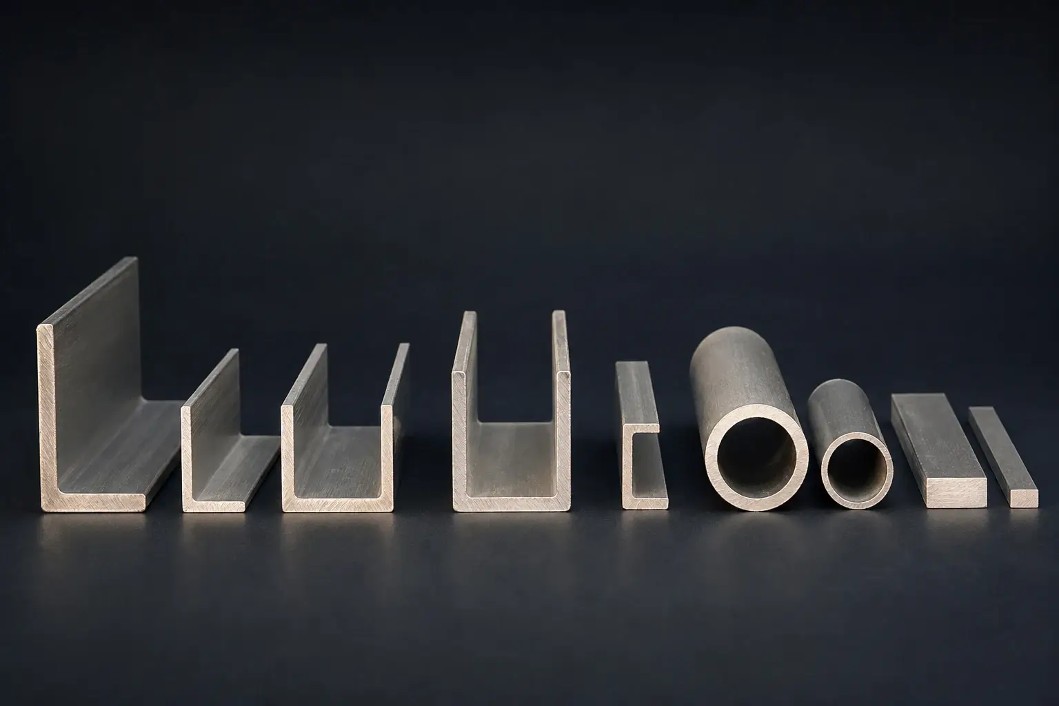 Mill-finish aluminium angles, channels, tubes and flat bars shown end-on